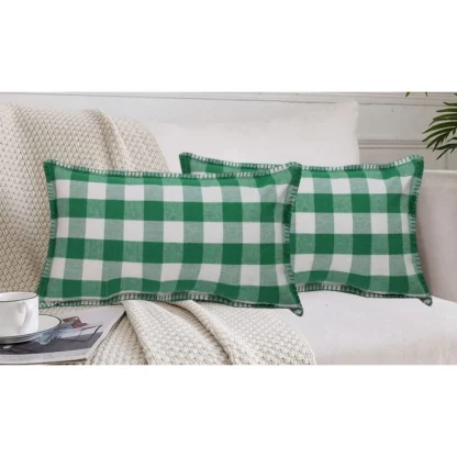 Pack Of_2 Cotton Checkered Cushion Cover With Blanket Stitch (Green, Size: 12x20 In) - Image 4