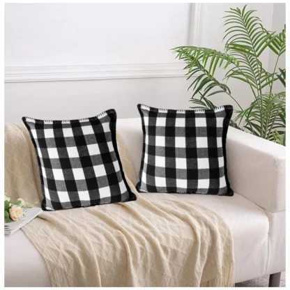 Pack Of_2 Cotton Checkered Cushion Cover With Blanket Stitch (Black & White, Size: 18x18 In) - Image 4