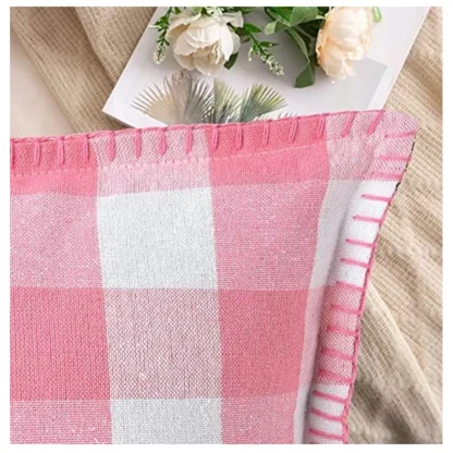 Pack Of_2 Cotton Checkered Cushion Cover With Blanket Stitch (Baby Pink, Size: 16x16 In) - Image 3