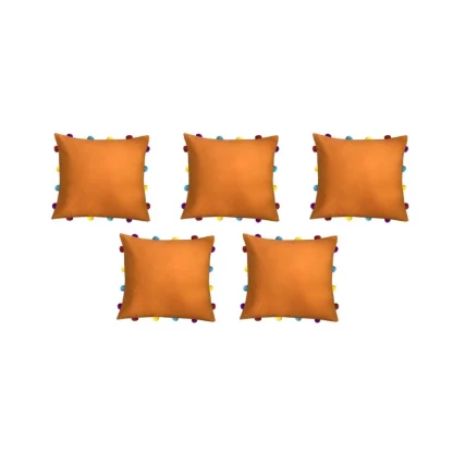 Cotton Solid Pom Pom Cushion Covers (Orange, Size: 14x14 In) - Image 2