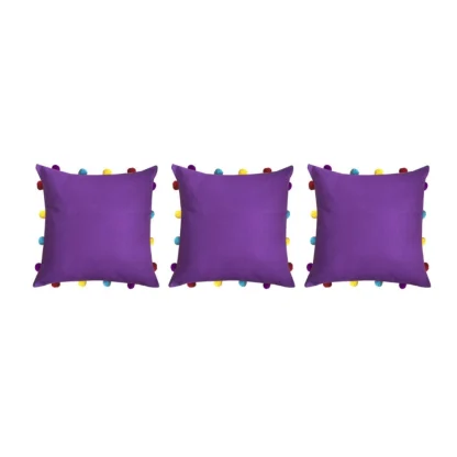 Cotton Solid Pom Pom Cushion Covers (Dark Purple, Size: 14x14 In) - Image 3