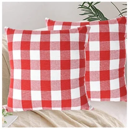 Pack Of_4 Cotton Checkered Cushion Cover With Pom Pom (Red, Size: 20x20 In) - Image 2