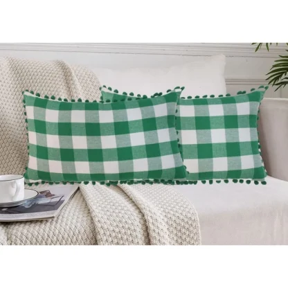 Pack Of_2 Cotton Checkered Cushion Cover With Pom Pom (Green, Size: 12x20 In)