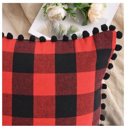 Pack Of_2 Cotton Checkered Cushion Cover With Pom Pom (Red & Black, Size: 18x18 In) - Image 3