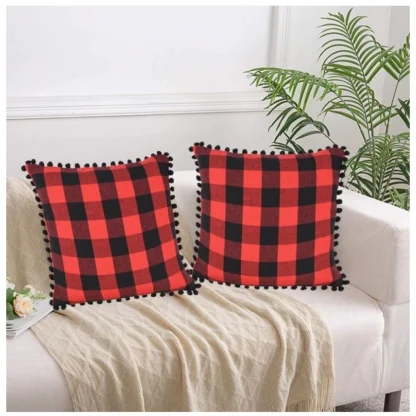 Pack Of_2 Cotton Checkered Cushion Cover With Pom Pom (Red & Black, Size: 18x18 In)