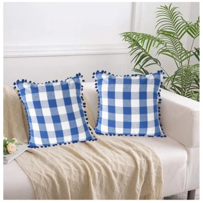 Pack Of_2 Cotton Checkered Cushion Cover With Pom Pom (Blue, Size: 18x18 In)