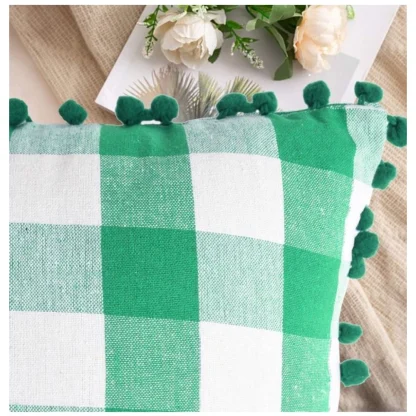 Pack Of_2 Cotton Checkered Cushion Cover With Pom Pom (Green, Size: 18x18 In) - Image 3