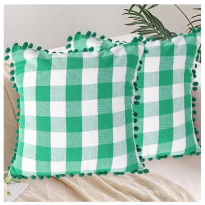 Pack Of_2 Cotton Checkered Cushion Cover With Pom Pom (Green, Size: 18x18 In) - Image 4