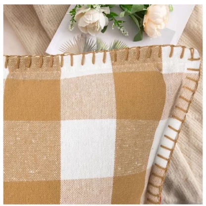 Pack Of_2 Cotton Checkered Cushion Cover With Blanket Stitch (Beige, Size: 24x24 In) - Image 3