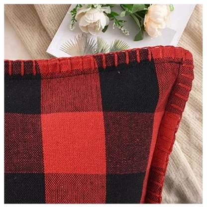 Pack Of_2 Cotton Checkered Cushion Cover With Blanket Stitch (Red & Black, Size: 24x24 In) - Image 2