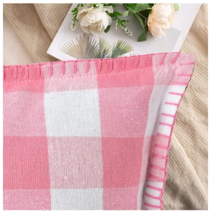 Pack Of_2 Cotton Checkered Cushion Cover With Blanket Stitch (Baby Pink, Size: 12x20 In) - Image 3