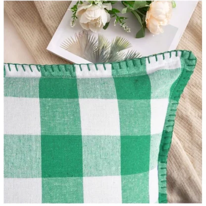 Pack Of_2 Cotton Checkered Cushion Cover With Blanket Stitch (Green, Size: 12x20 In) - Image 3