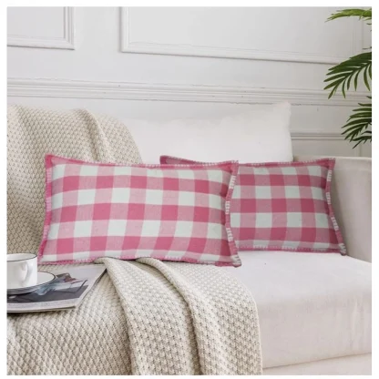 Pack Of_2 Cotton Checkered Cushion Cover With Blanket Stitch (Baby Pink, Size: 12x20 In)