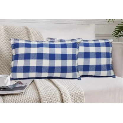 Pack Of_2 Cotton Checkered Cushion Cover With Blanket Stitch (Blue, Size: 12x20 In) - Image 4