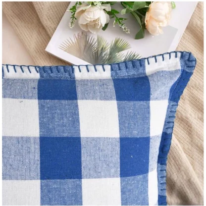 Pack Of_2 Cotton Checkered Cushion Cover With Blanket Stitch (Blue, Size: 12x20 In) - Image 3