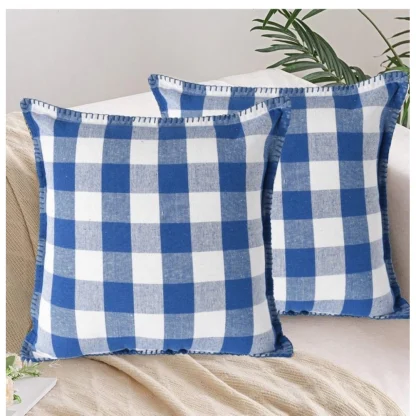 Pack Of_2 Cotton Checkered Cushion Cover With Blanket Stitch (Blue, Size: 18x18 In)