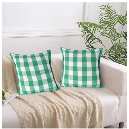 Pack Of_2 Cotton Checkered Cushion Cover With Blanket Stitch (Green, Size: 18x18 In) - Image 4