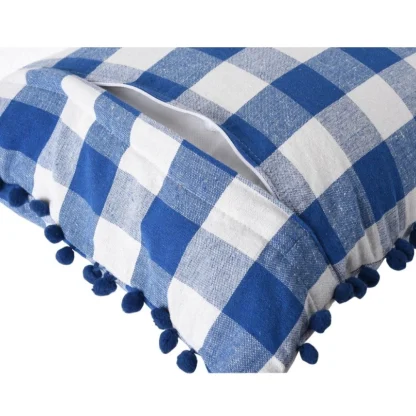 Pack Of_2 Cotton Checkered Cushion Cover With Pom Pom (Blue, Size: 12x20 In) - Image 2