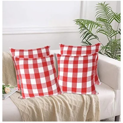 Pack Of_4 Cotton Checkered Cushion Cover With Pom Pom (Red, Size: 20x20 In)