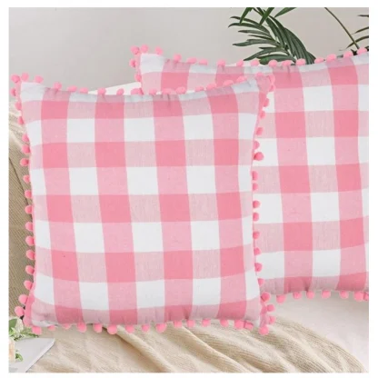 Pack Of_2 Cotton Checkered Cushion Cover With Pom Pom (Baby Pink, Size: 18x18 In) - Image 4