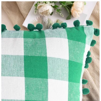 Pack Of_2 Cotton Checkered Cushion Cover With Pom Pom (Green, Size: 12x20 In) - Image 3