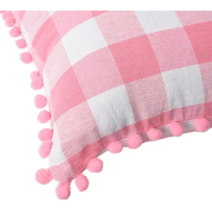 Pack Of_2 Cotton Checkered Cushion Cover With Pom Pom (Baby Pink, Size: 18x18 In) - Image 3