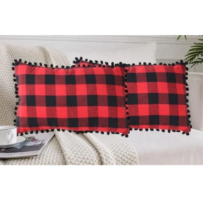 Pack Of_2 Cotton Checkered Cushion Cover With Pom Pom (Red & Black, Size: 12x20 In) - Image 4