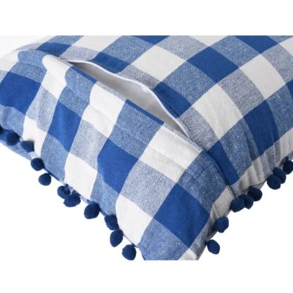 Pack Of_2 Cotton Checkered Cushion Cover With Pom Pom (Blue, Size: 18x18 In) - Image 2