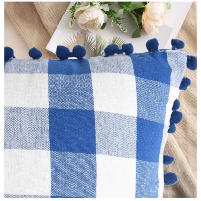 Pack Of_2 Cotton Checkered Cushion Cover With Pom Pom (Blue, Size: 18x18 In) - Image 3