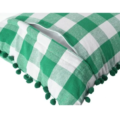 Pack Of_2 Cotton Checkered Cushion Cover With Pom Pom (Green, Size: 18x18 In) - Image 2