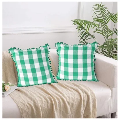 Pack Of_2 Cotton Checkered Cushion Cover With Pom Pom (Green, Size: 18x18 In)