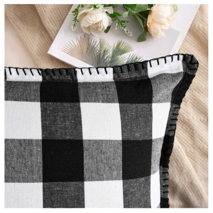 Pack Of_2 Cotton Checkered Cushion Cover With Blanket Stitch (Black, Size: 12x20 In) - Image 3