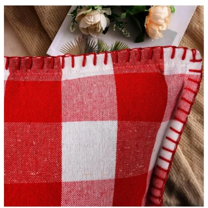 Pack Of_2 Cotton Checkered Cushion Cover With Blanket Stitch (Red & White, Size: 12x20 In) - Image 3