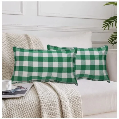 Pack Of_2 Cotton Checkered Cushion Cover With Blanket Stitch (Green, Size: 12x20 In)