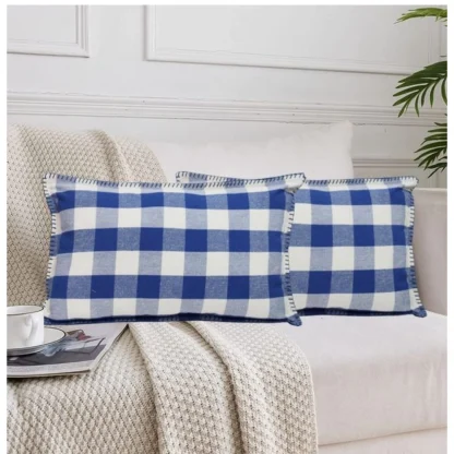 Pack Of_2 Cotton Checkered Cushion Cover With Blanket Stitch (Blue, Size: 12x20 In)