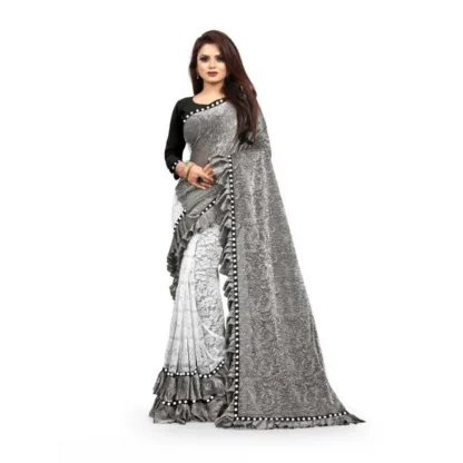 Women's Silk With Mirror Lace Solid Saree With Unstitched Blouse (Grey, 5-5 Mtrs)