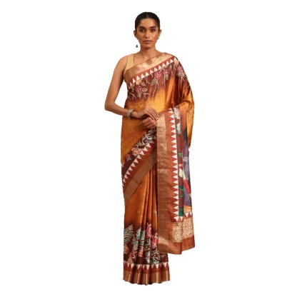 Women's Cotton Printed Saree With Unstitched Blouse 5.5Mtr (Gold)