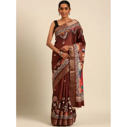 Women's Cotton Printed Saree With Unstitched Blouse 5.5Mtr (Brown) - Image 2