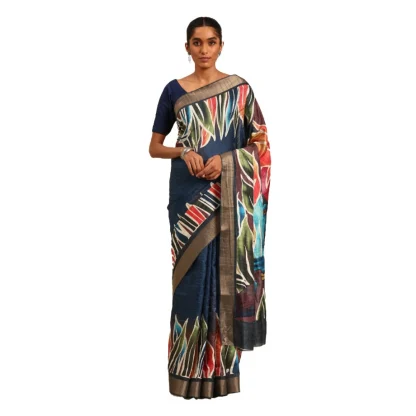 Women's Cotton Printed Saree With Unstitched Blouse 5.5Mtr (Navy-Blue)