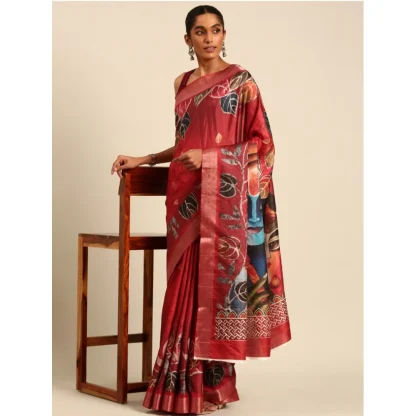 Women's Cotton Printed Saree With Unstitched Blouse 5.5Mtr (Red) - Image 2