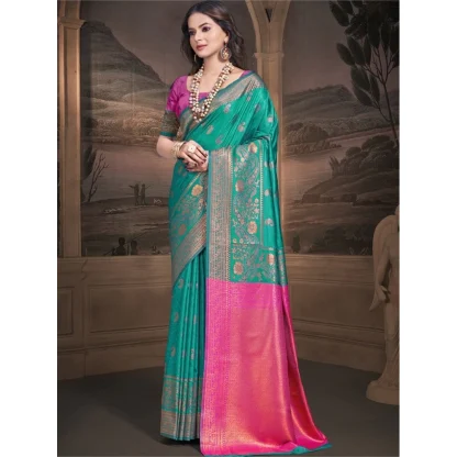 Women's Silk Woven Design Saree With Unstitched Blouse 5.5Mtr (Teal-Green) - Image 2