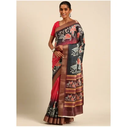 Women's Cotton Printed Saree With Unstitched Blouse 5.5Mtr (Pink-Black) - Image 2