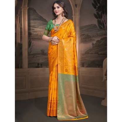 Women's Silk Woven Design Saree With Unstitched Blouse 5.5Mtr (Yellow) - Image 2