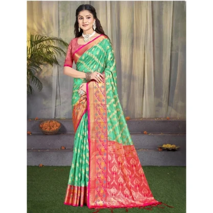 Women's Silk Woven Design Saree With Unstitched Blouse 5.5Mtr (Green) - Image 2