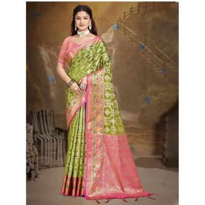 Women's Silk Woven Design Saree With Unstitched Blouse 5.5Mtr (Green) - Image 2