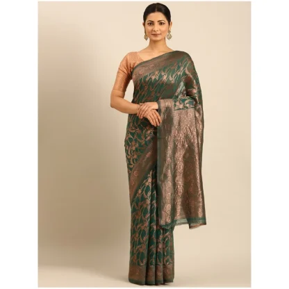 Women's Cotton Woven Design Saree With Unstitched Blouse 5.5Mtr (Green) - Image 2