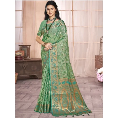 Women's Organza Woven Design Saree With Unstitched Blouse 5.5Mtr (Green) - Image 2