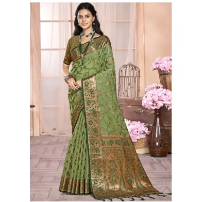 Women's Organza Woven Design Saree With Unstitched Blouse 5.5Mtr (Green) - Image 2