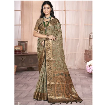 Women's Organza Woven Design Saree With Unstitched Blouse 5.5Mtr (Grey) - Image 2