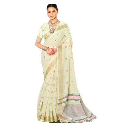 Women's Cotton Printed Saree With Unstitched Blouse 5.5Mtr (Off white)